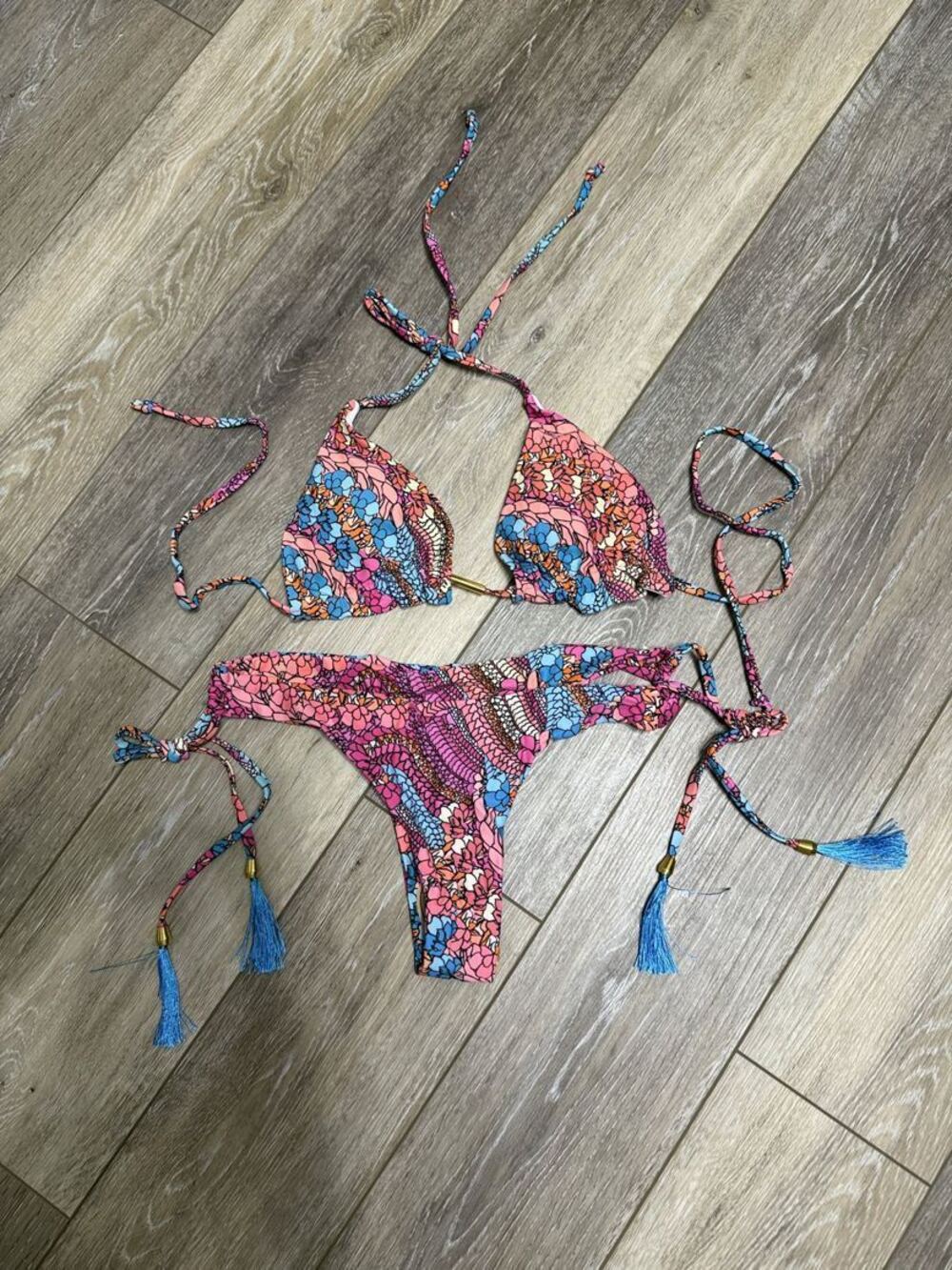 Reversible Floral Triangle Bikini Set with Tassel Ties S